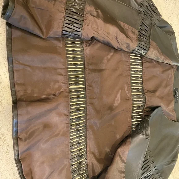 Lafayette 148 New York Dark Brown Leather Jacket with Fringe Accents - Picture 9 of 10